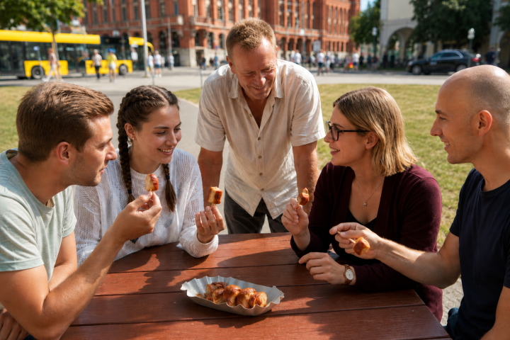 Group of five people smiling and eating sausages at a picnic table.