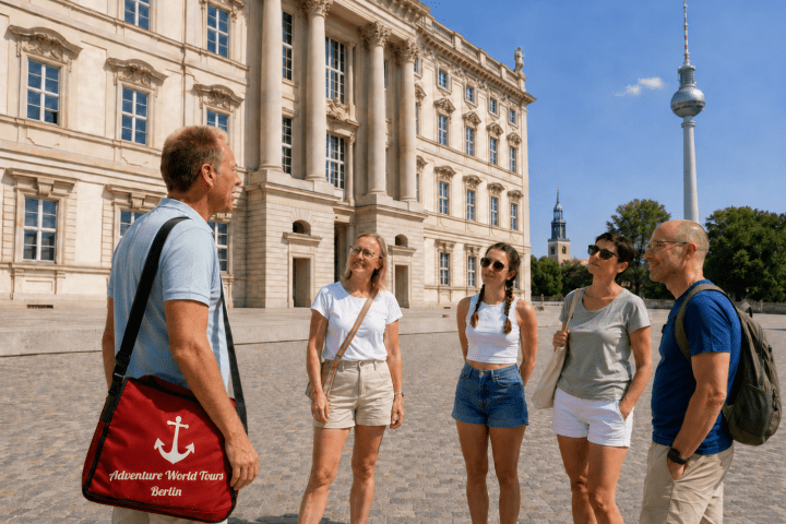 Tour guide speaking to five tourists outside a historic building in Berlin.