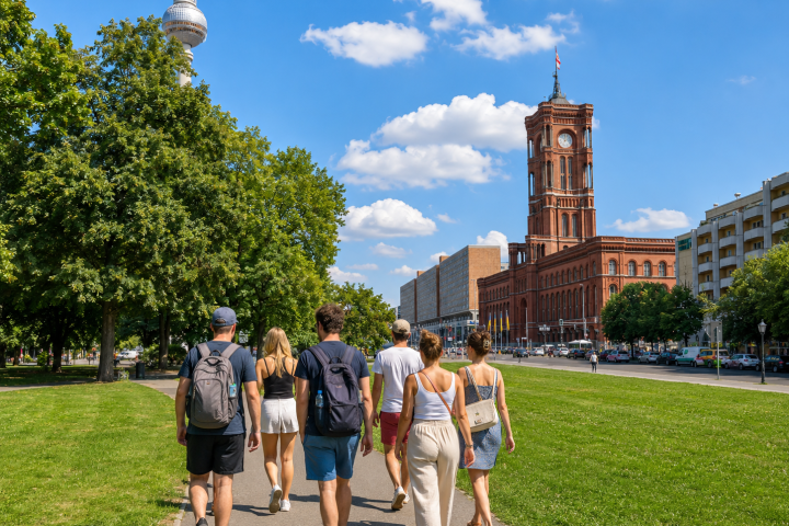 Group of people walking on a path by a park, tall tower and red brick building in view.