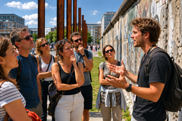 Tour guide explaining history to a group by a graffiti-covered wall outdoors.