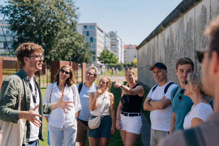 Tour guide speaking to a group near a concrete wall in a city setting.