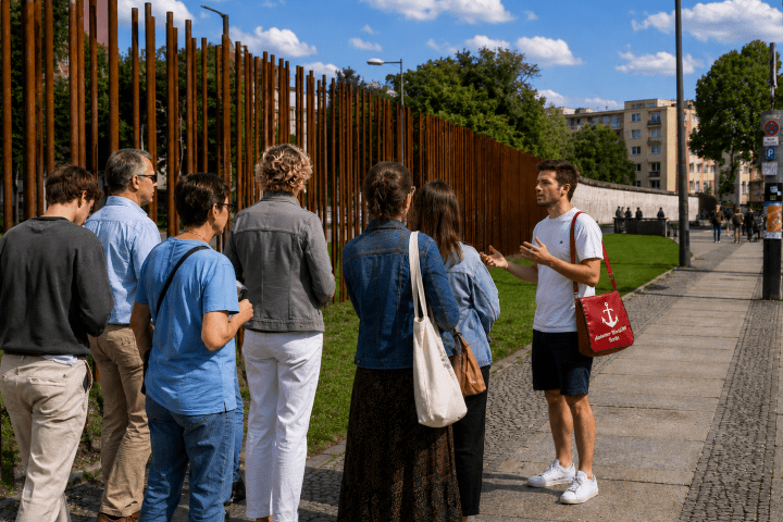 Tour guide speaking to a group near a fence on a sunny day.