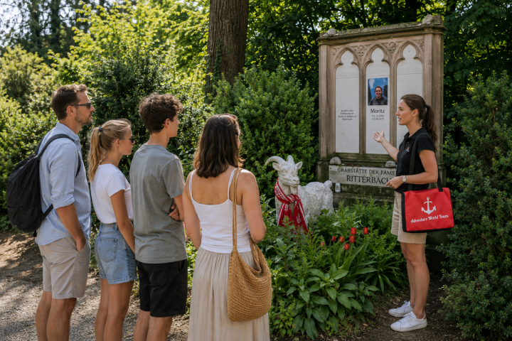 Group of people listening to a guide at a historic monument.
