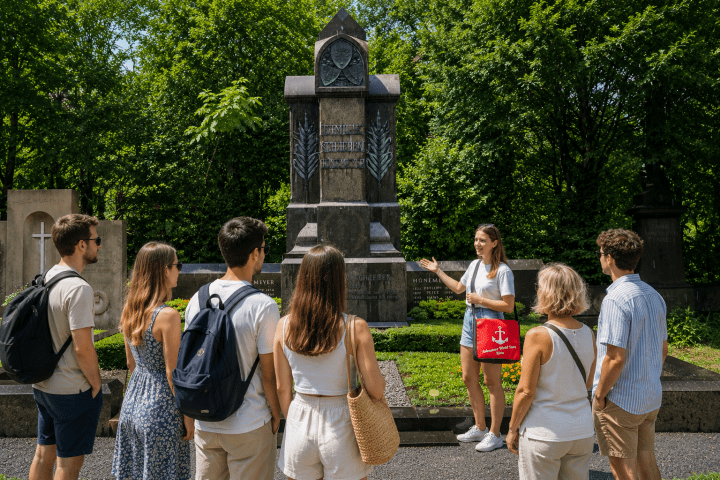 Tour guide explaining monument to a group in a garden setting.