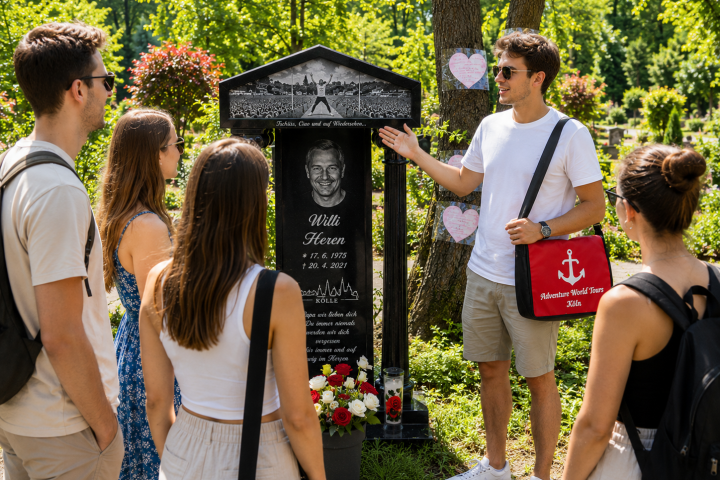 Group of people gathered around a gravestone in a cemetery.