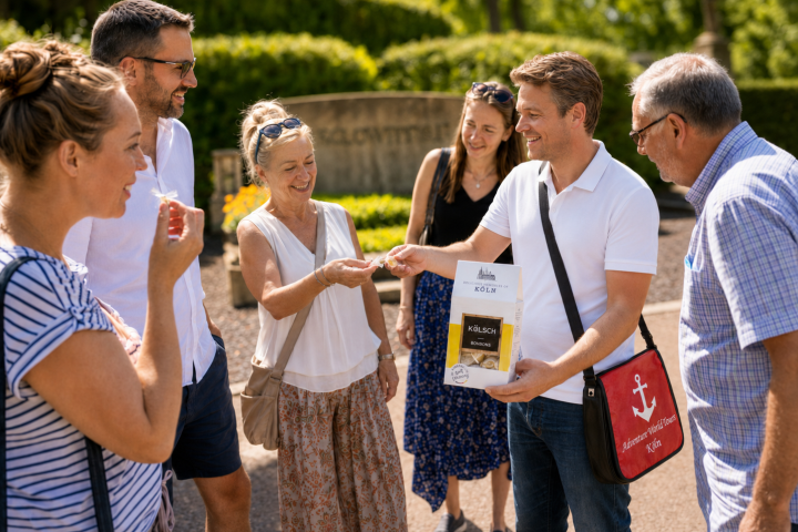 Group of people gathered outdoors, one hands pamphlet to another.