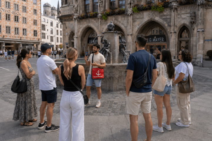 Group of tourists listening to a guide near a historic fountain in a city plaza.