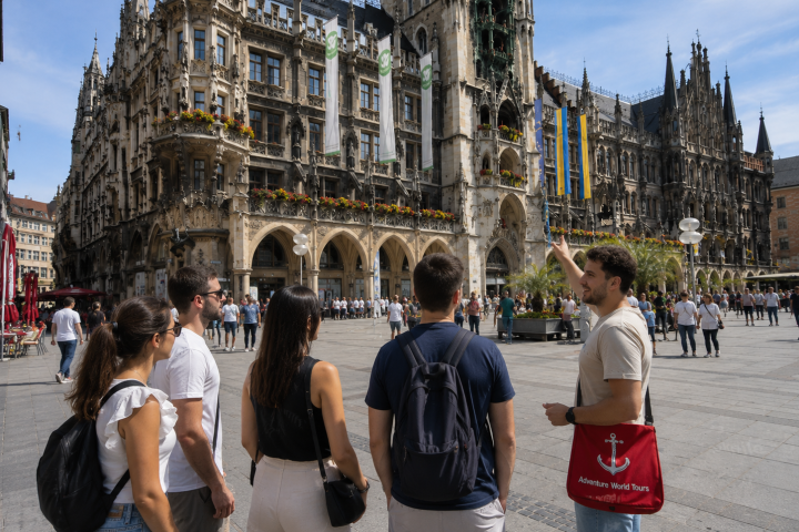 A guide leads a group near an ornate historic building in a city square.