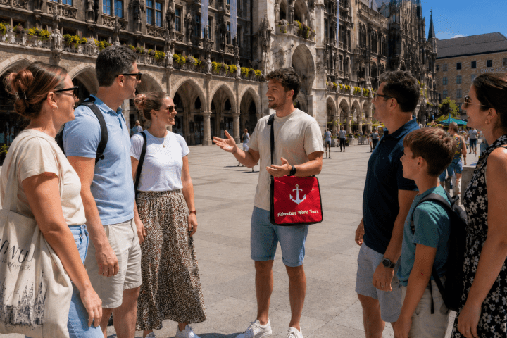 Tour guide speaking to a group outside a historic building.