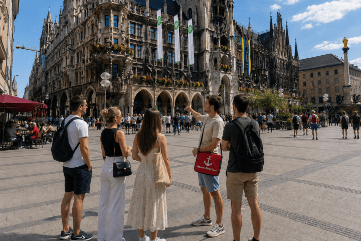 Tour guide showing historic building to a group in a European city square.