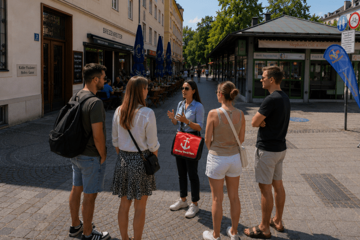Group of people listening to a guide on a sunny city street.