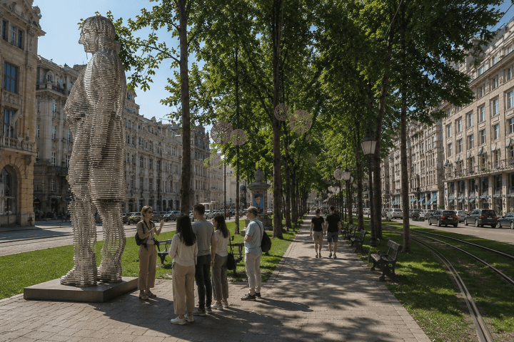 People standing by a tall metal sculpture on a tree-lined city walkway.