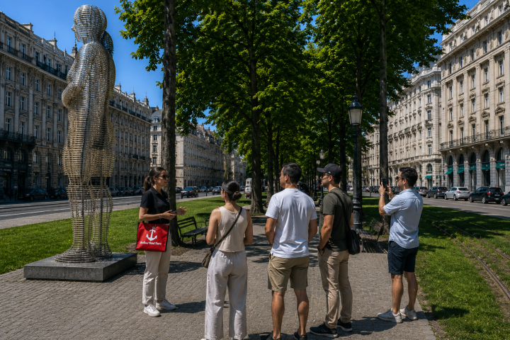 Group of people near a tall metal sculpture on a tree-lined street