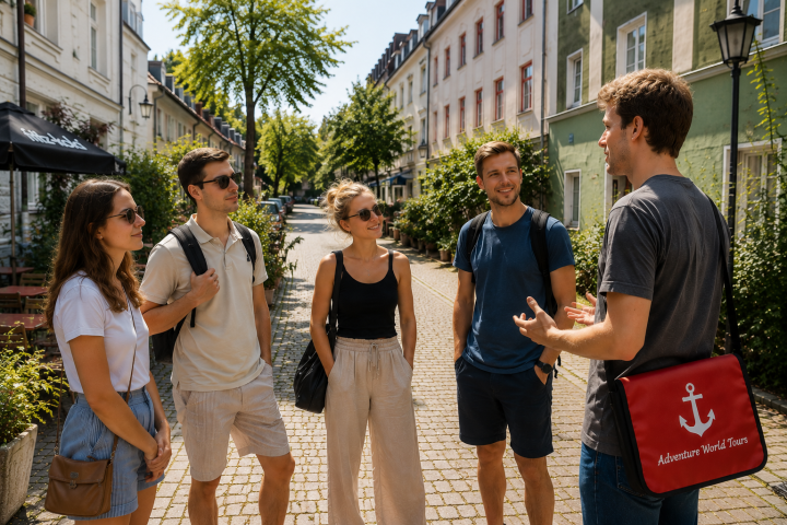 Group of five people having a conversation on a sunny cobblestone street.