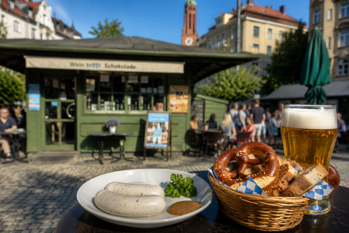 Plate with sausages, pretzels, beer on table in sunny outdoor cafe.