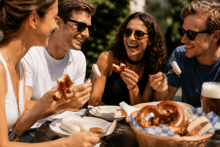 Four friends enjoying sausages and pretzels outdoors, smiling and wearing sunglasses.