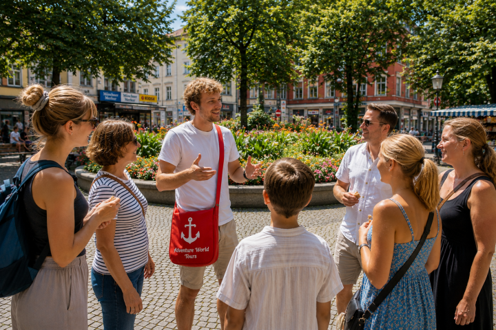 Guide in red bag leading a group tour in a park with trees and flowers.