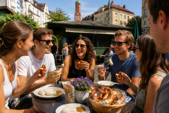 Group of people enjoying pretzels and sausages at an outdoor table.