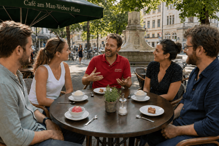 Group of five people sitting at an outdoor café table in conversation.