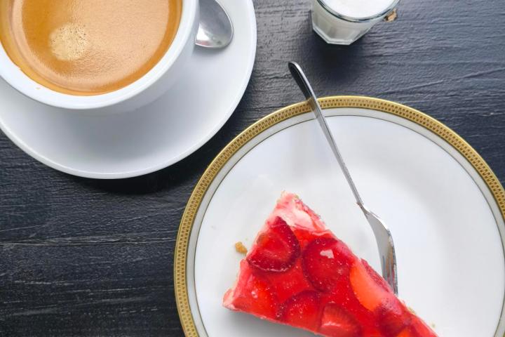 a plate with a fork and a cup of coffee