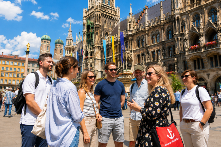 Tour group in sunny plaza with historic buildings, people chatting.