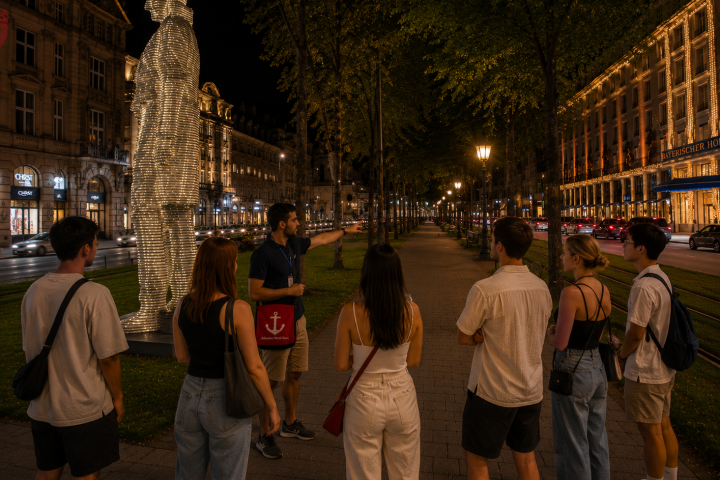 Group of people standing near a lit statue on a city street at night.