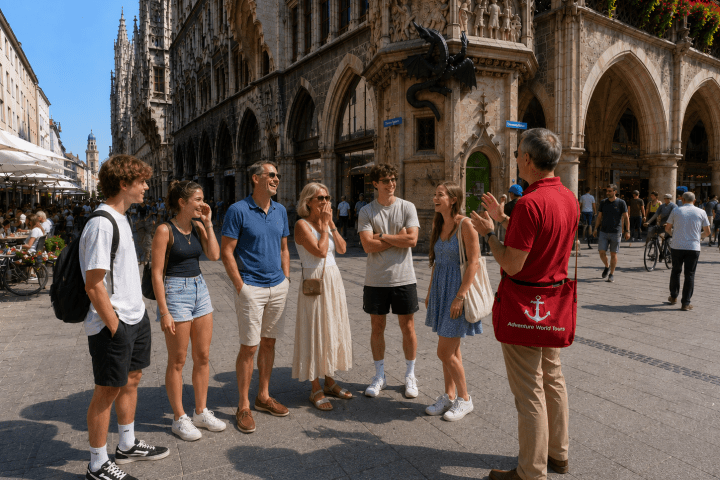 Tour guide speaking to a group of tourists in a historic city square.
