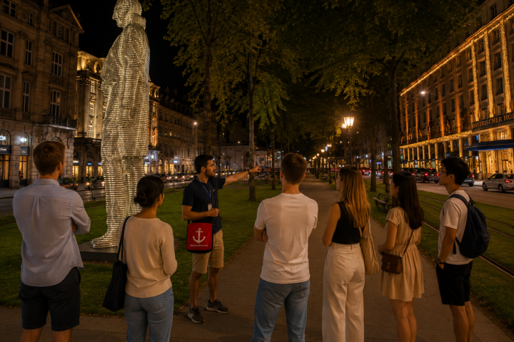 Group of people standing near illuminated statue on a city street at night.