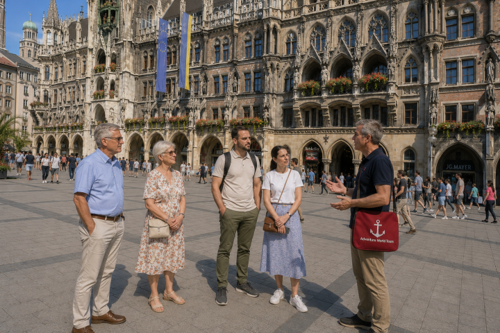People having a discussion outside a historic building with Gothic architecture.