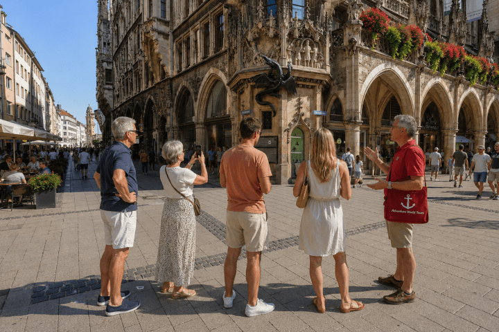 Tourists admire ornate building with statues and flowers in a city square.