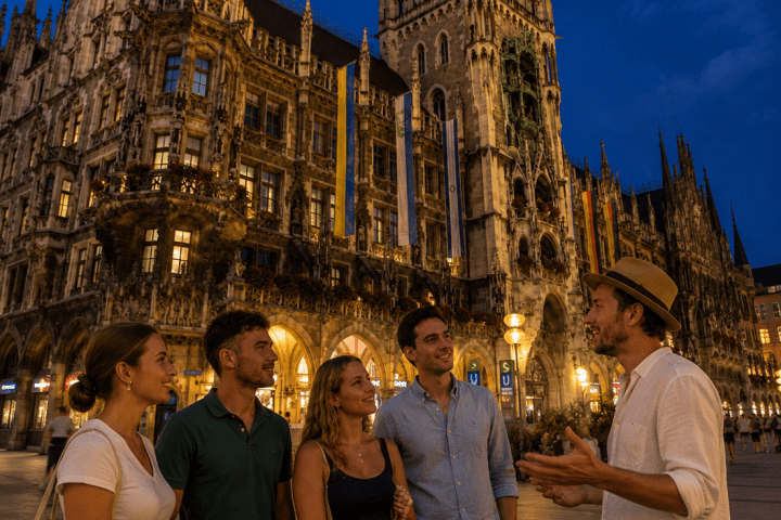 Group of people talking at night in front of illuminated Gothic building.