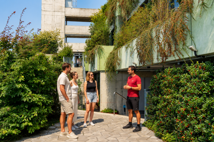 Four people talking outside a green building with plants.