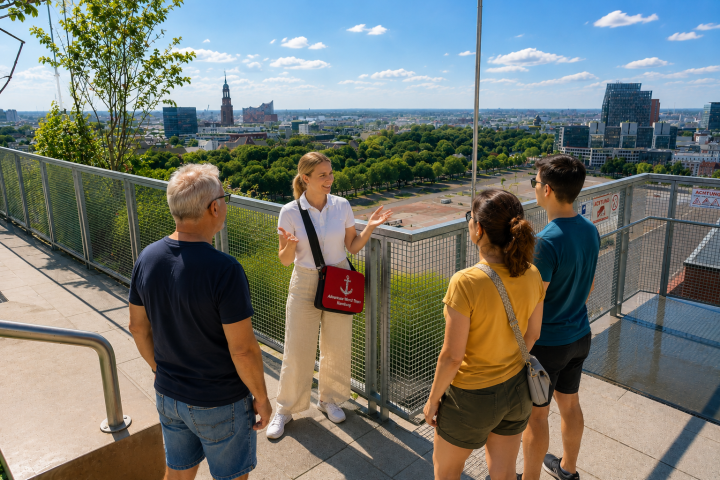 Guide gestures to three people on a city viewpoint with distant buildings and blue sky.