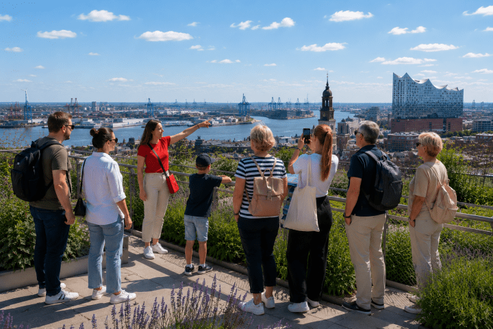 Group on tour overlooking a cityscape with iconic modern building.