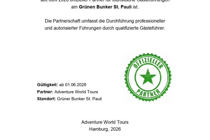 Document with partnership details between Adventure World Tours and Grüner Bunker St. Pauli.