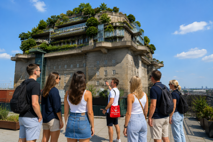 People tour rooftop garden on concrete building under blue sky.