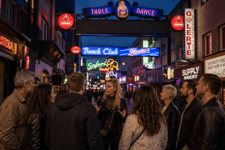 Group of people standing on a lively street with bright neon signs.