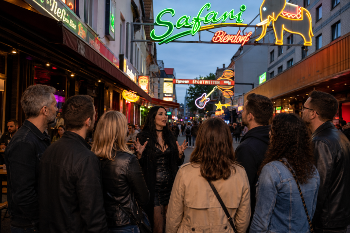 A group of people listening to a guide under neon signs in a lively street.