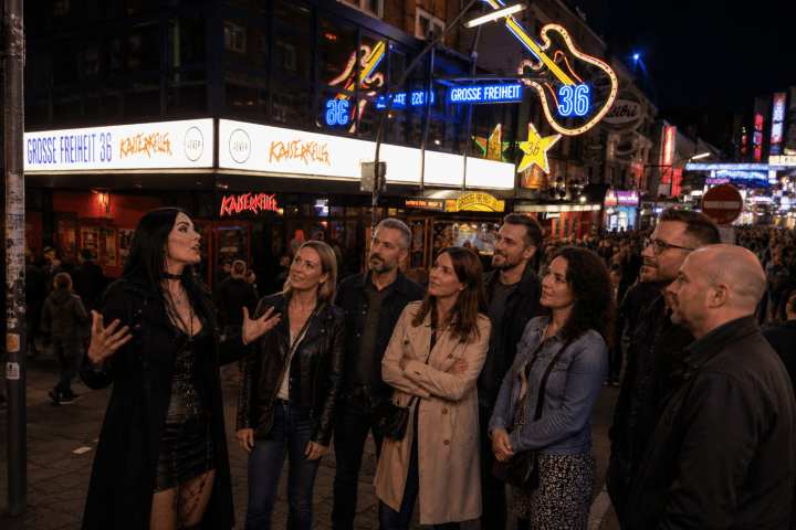 Group of people on a lively street with neon signs at night.