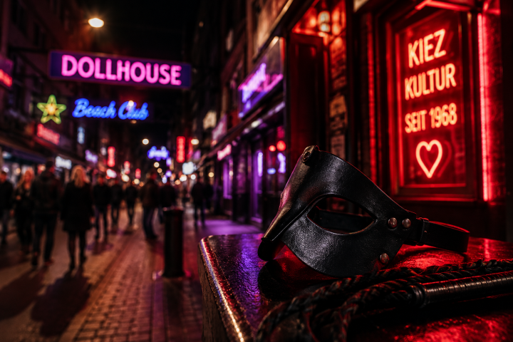 A dimly lit street with neon signs and a black mask resting on a table.